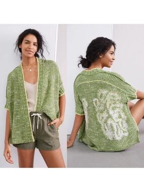 Anthropologie Daily Practice Palm Frond Cardigan Green Cotton Blend Size M/L